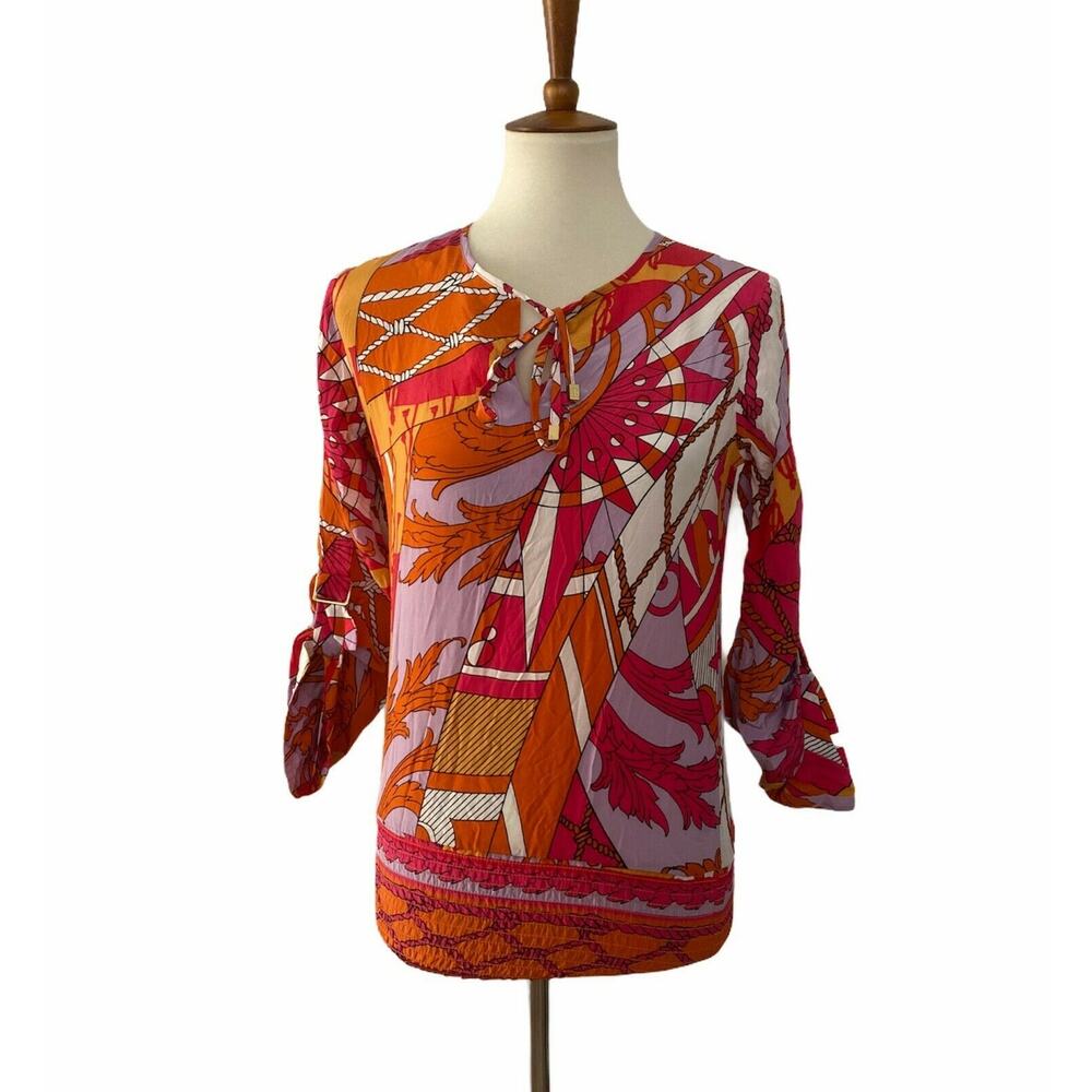 Hale Bob Silk Blouse Roll Tab Sleeves Tie Neck Pullover Top XXS